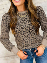 Ribbed Trim Leopard Print Long Sleeve Top - Trendsi - Flyclothing LLC