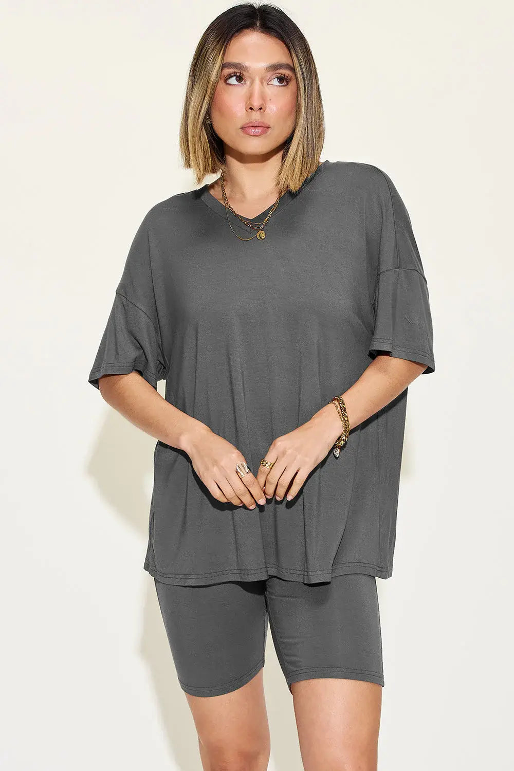 Basic Bae Full Size V-Neck Drop Shoulder T-Shirt and Shorts Set - ShopBasicbae - Flyclothing LLC