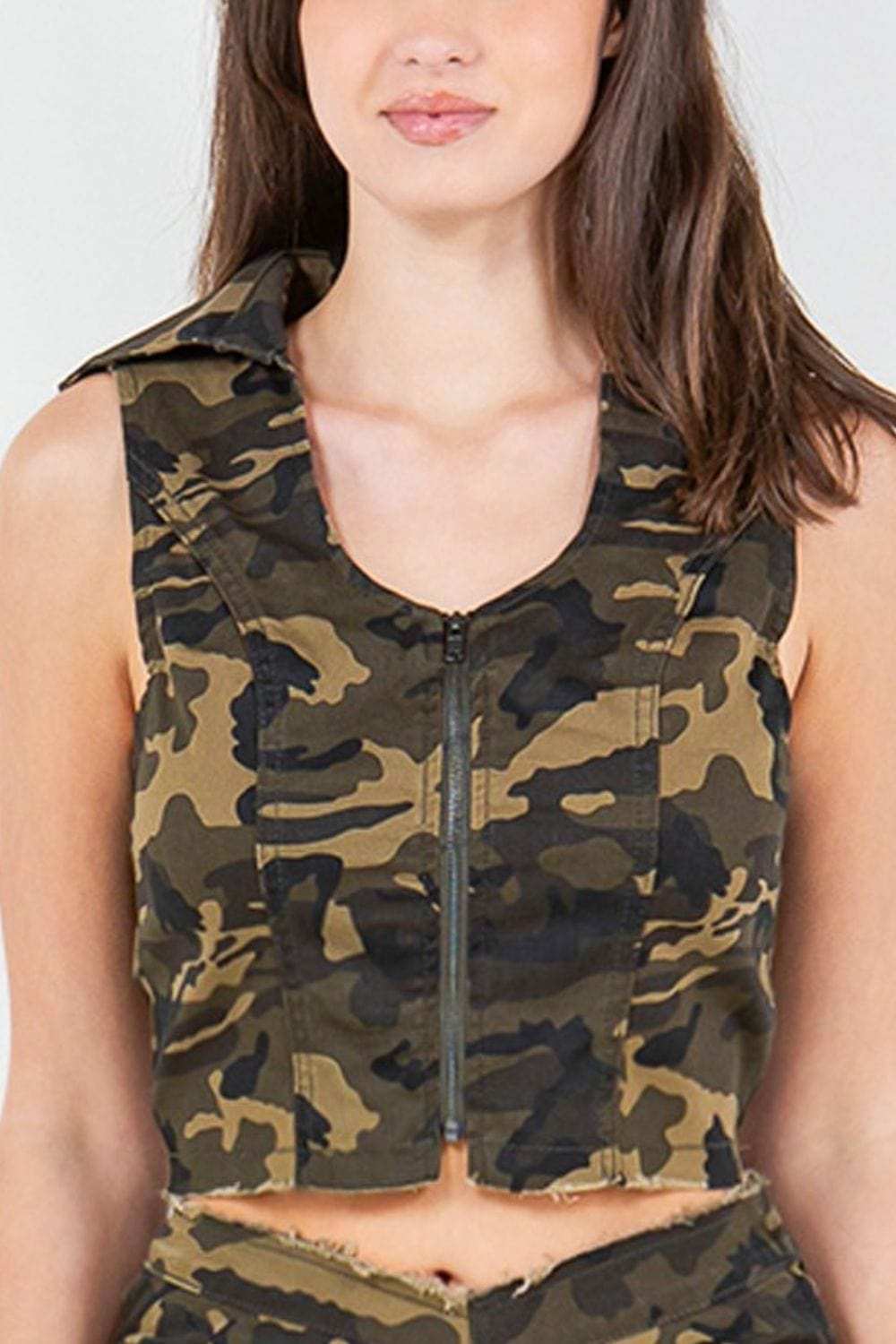 American Bazi Zip Up Camo Crop Denim Vest - Trendsi - Flyclothing LLC