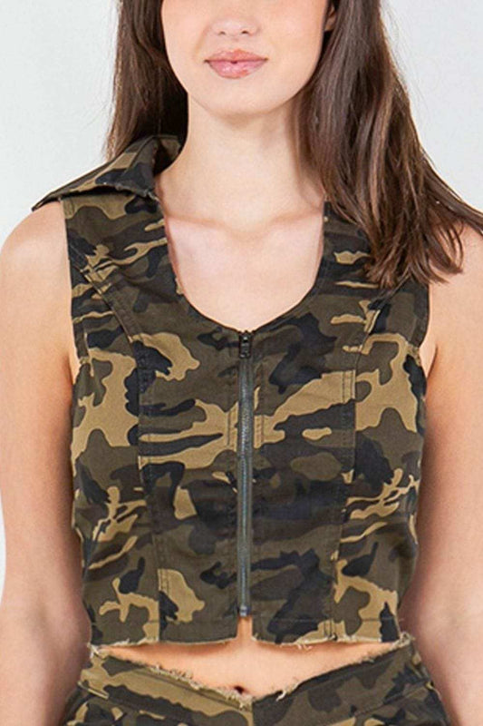 American Bazi Zip Up Camo Crop Denim Vest - Trendsi - Flyclothing LLC