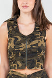 American Bazi Zip Up Camo Crop Denim Vest - Trendsi