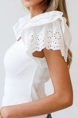 Eyelet Ruffle Sleeve Slim Top - Trendsi - Flyclothing LLC