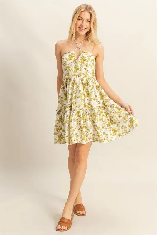 HYFVE Floral Print Halter Neck Tiered Mini Dress - Trendsi - Flyclothing LLC