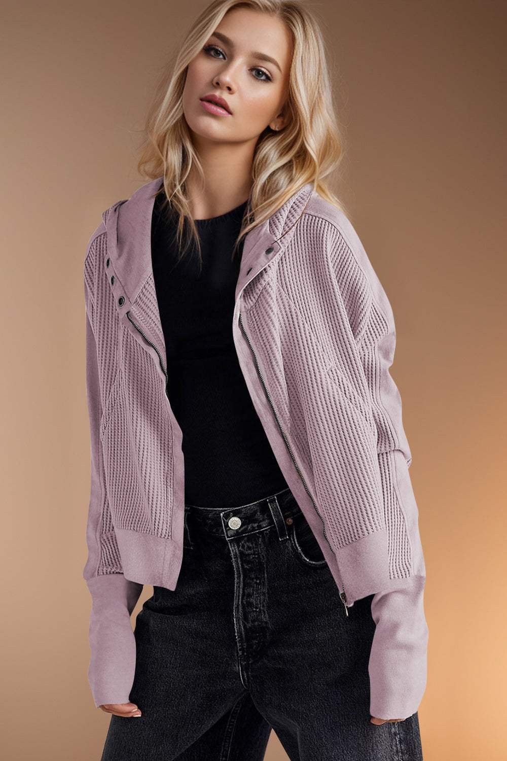 Double Take Waffle-Knit Zip Up Long Sleeve Hooded Jacket - Trendsi - Flyclothing LLC