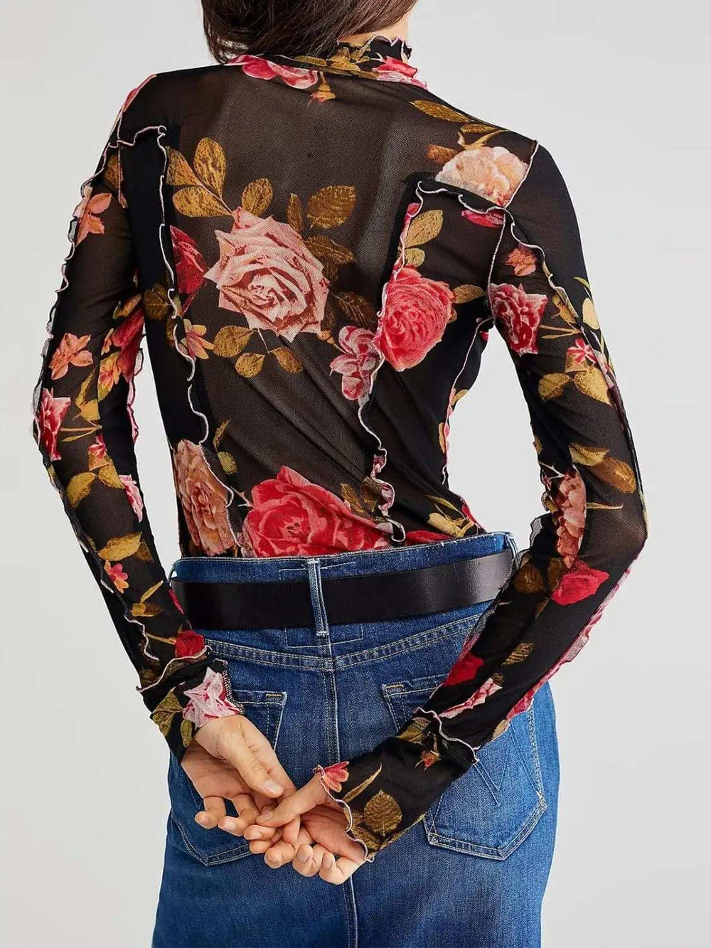 Floral Mock Neck Long Sleeve Top - Trendsi - Flyclothing LLC