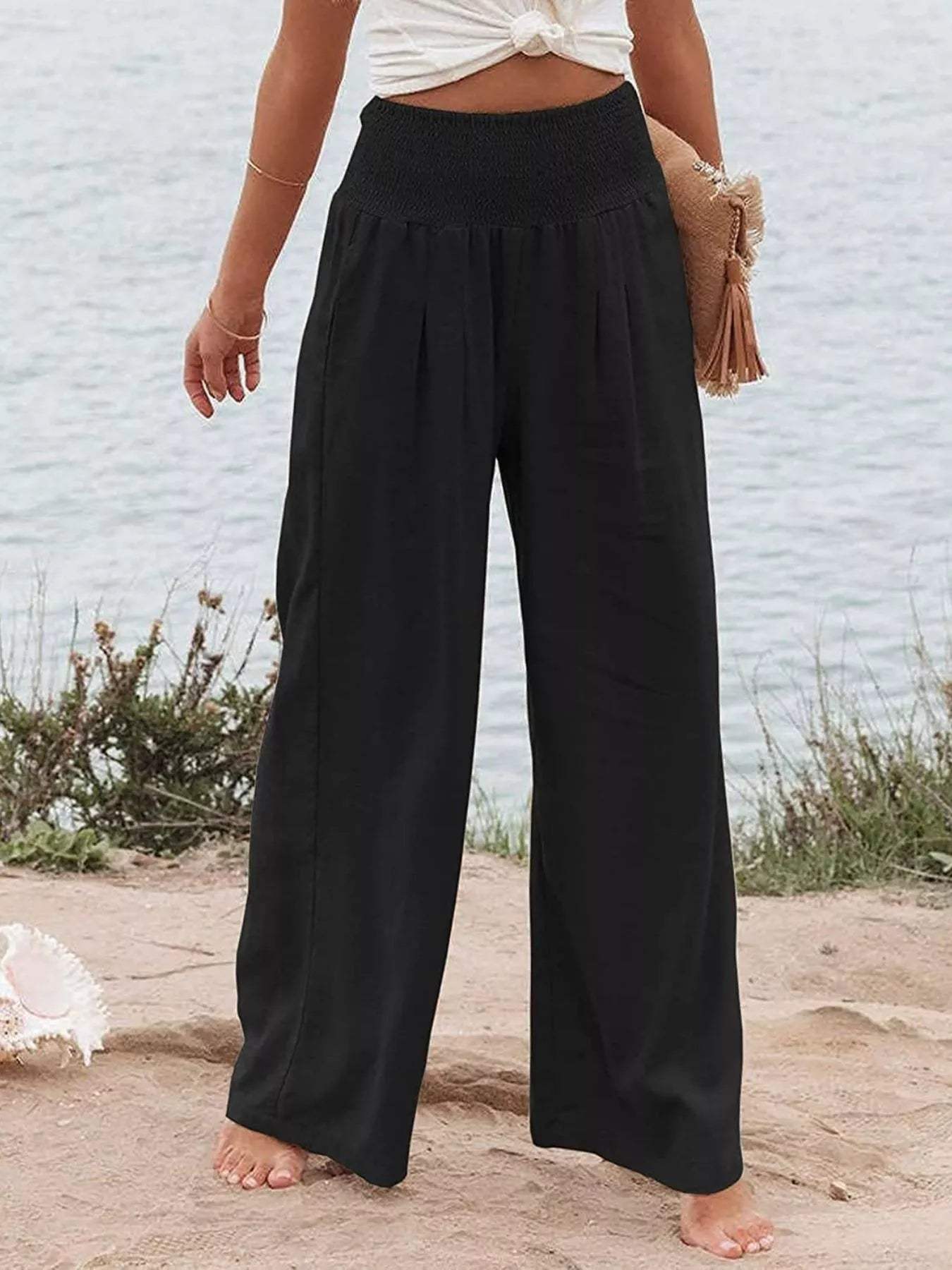 Smocked High Waisted Wide Leg Pants - Trendsi - Flyclothing LLC