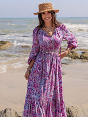 Printed Tie Neck Balloon Sleeve Maxi Dress - Trendsi