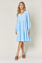 Double Take Full Size V-Neck Balloon Sleeve Tiered Dress - Trendsi - Flyclothing LLC