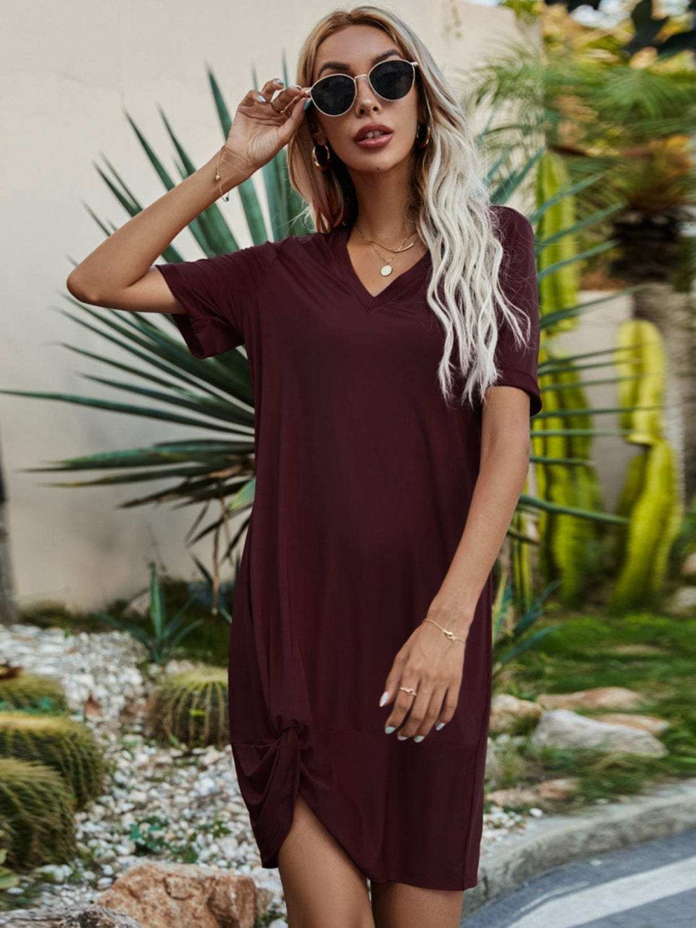 V-Neck Short Sleeve Mini Dress - Trendsi - Flyclothing LLC