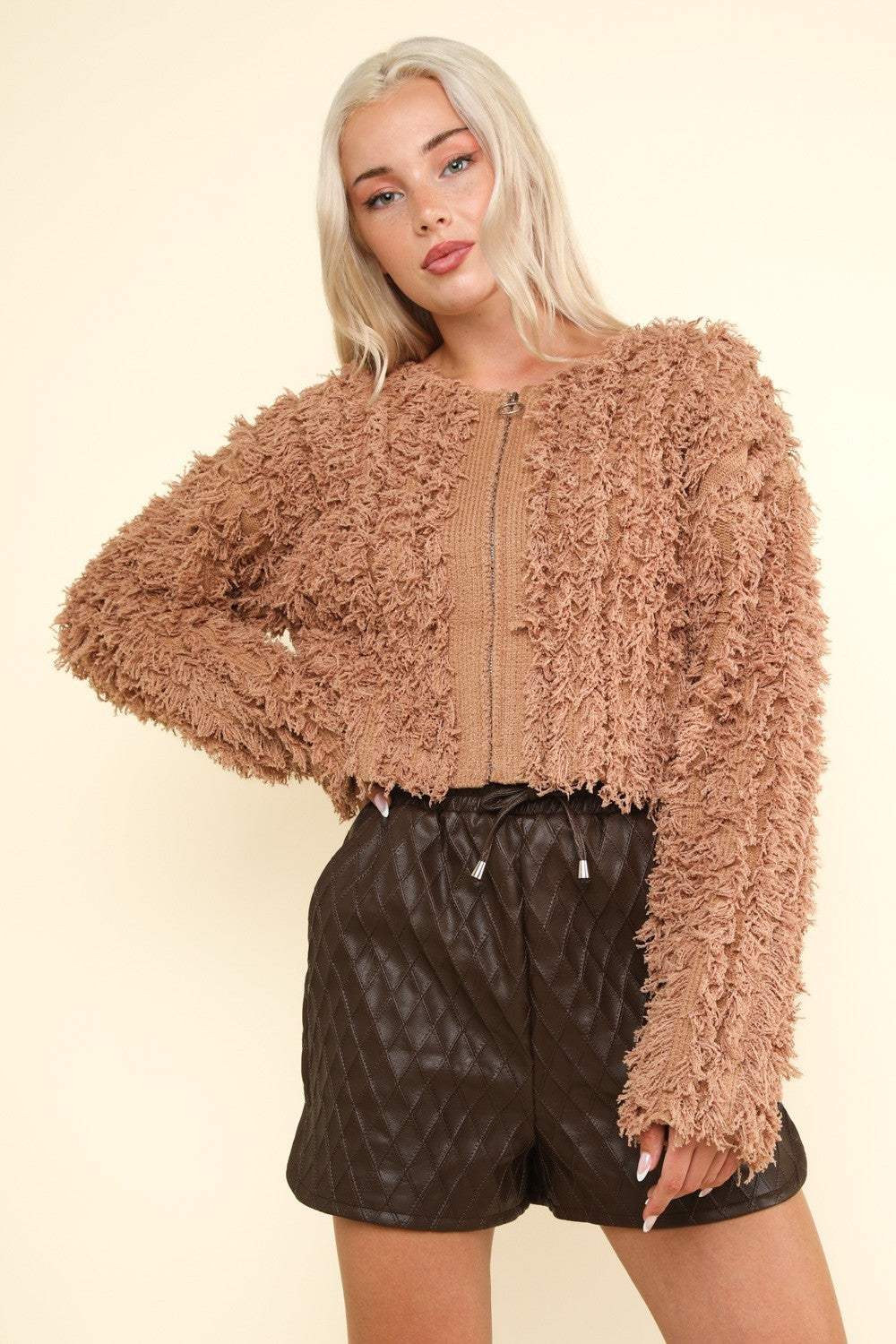 VERY J Shaggy Yarn Knit Zip Up Jacket - Trendsi - Flyclothing LLC