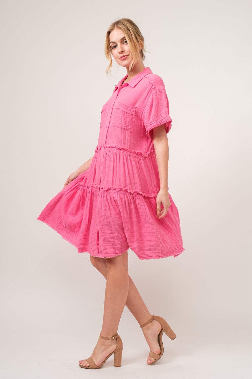 And The Why Full Size Raw Edge Washed Tiered Shirt Dress - Trendsi - Flyclothing LLC