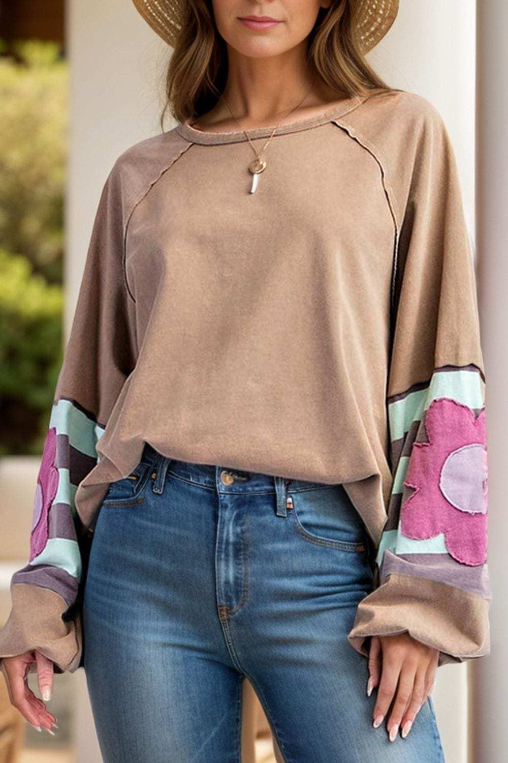 Flower Patch Round Neck Balloon Sleeve Top - Trendsi - Flyclothing LLC