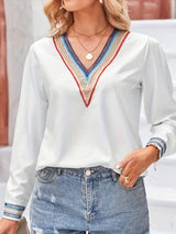 Contrast V-Neck Long Sleeve Blouse - Trendsi - Flyclothing LLC