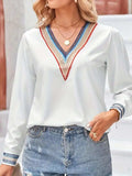 Contrast V-Neck Long Sleeve Blouse - Trendsi - Flyclothing LLC