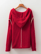Contrast Trim Textured Knit Drawstring Hooded Sweater - Trendsi - Flyclothing LLC