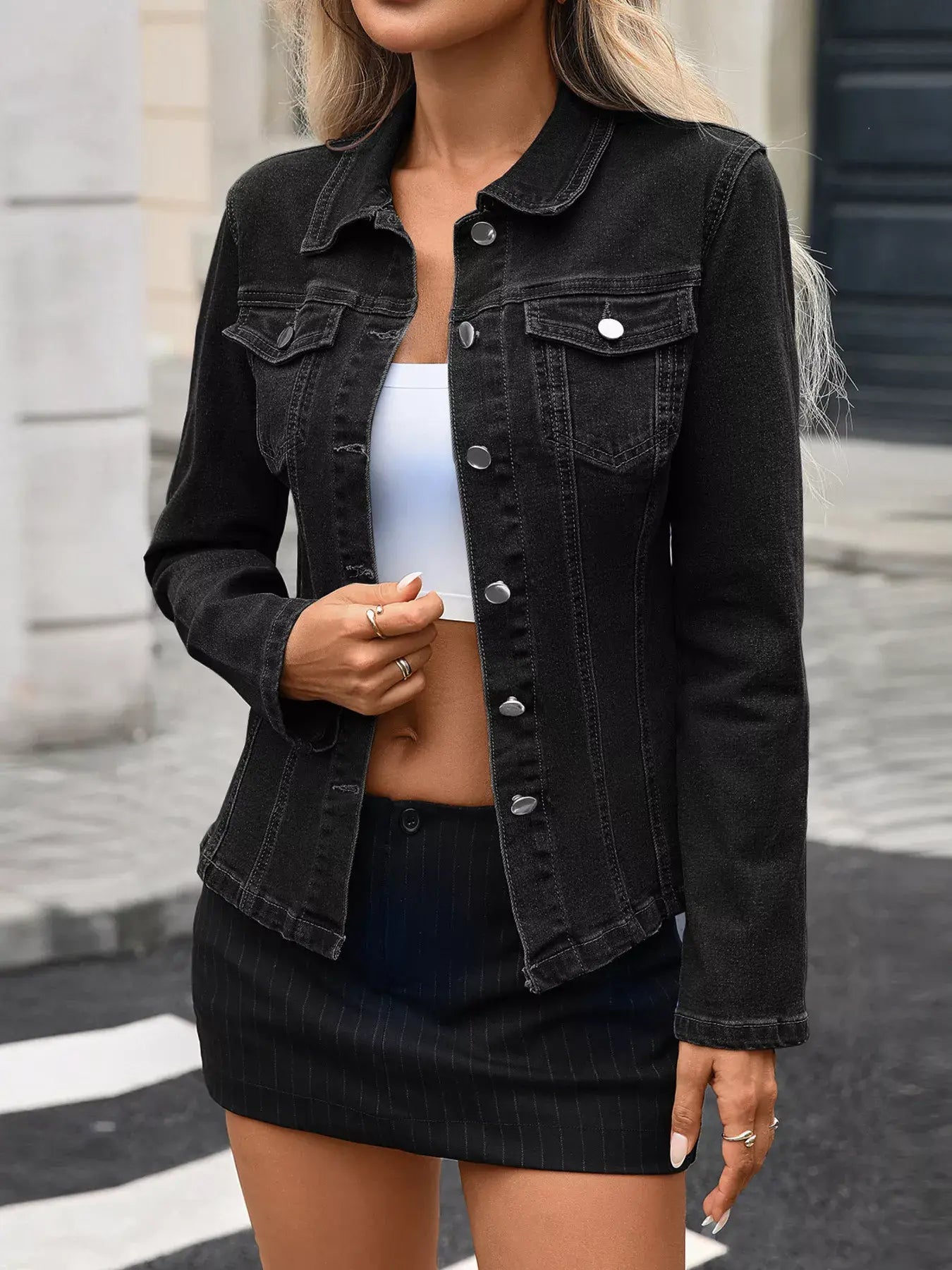 Button Up Long Sleeve Denim Jacket - Trendsi - Flyclothing LLC