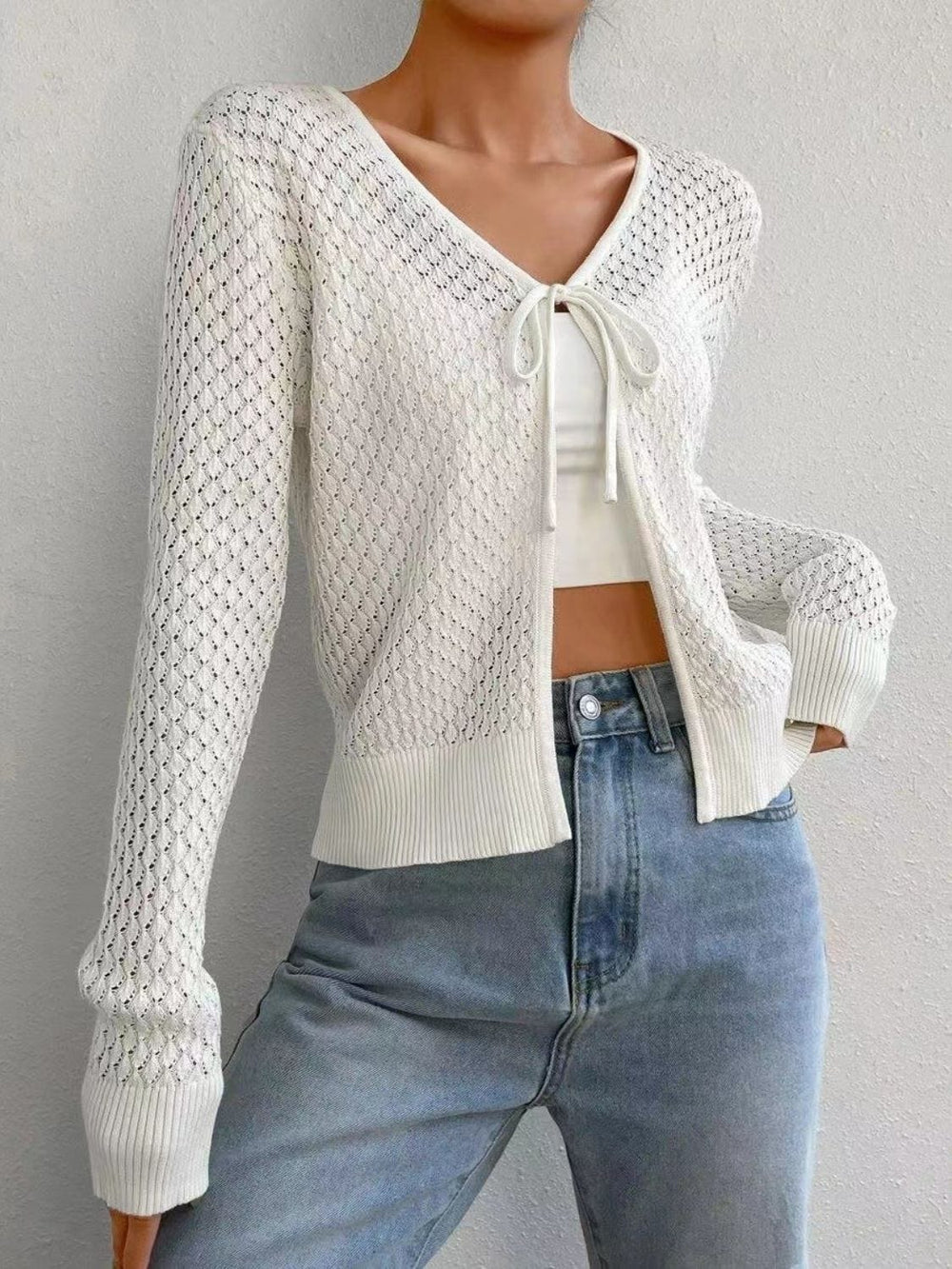 Tied Openwork V-Neck Long Sleeve Cardigan - Trendsi