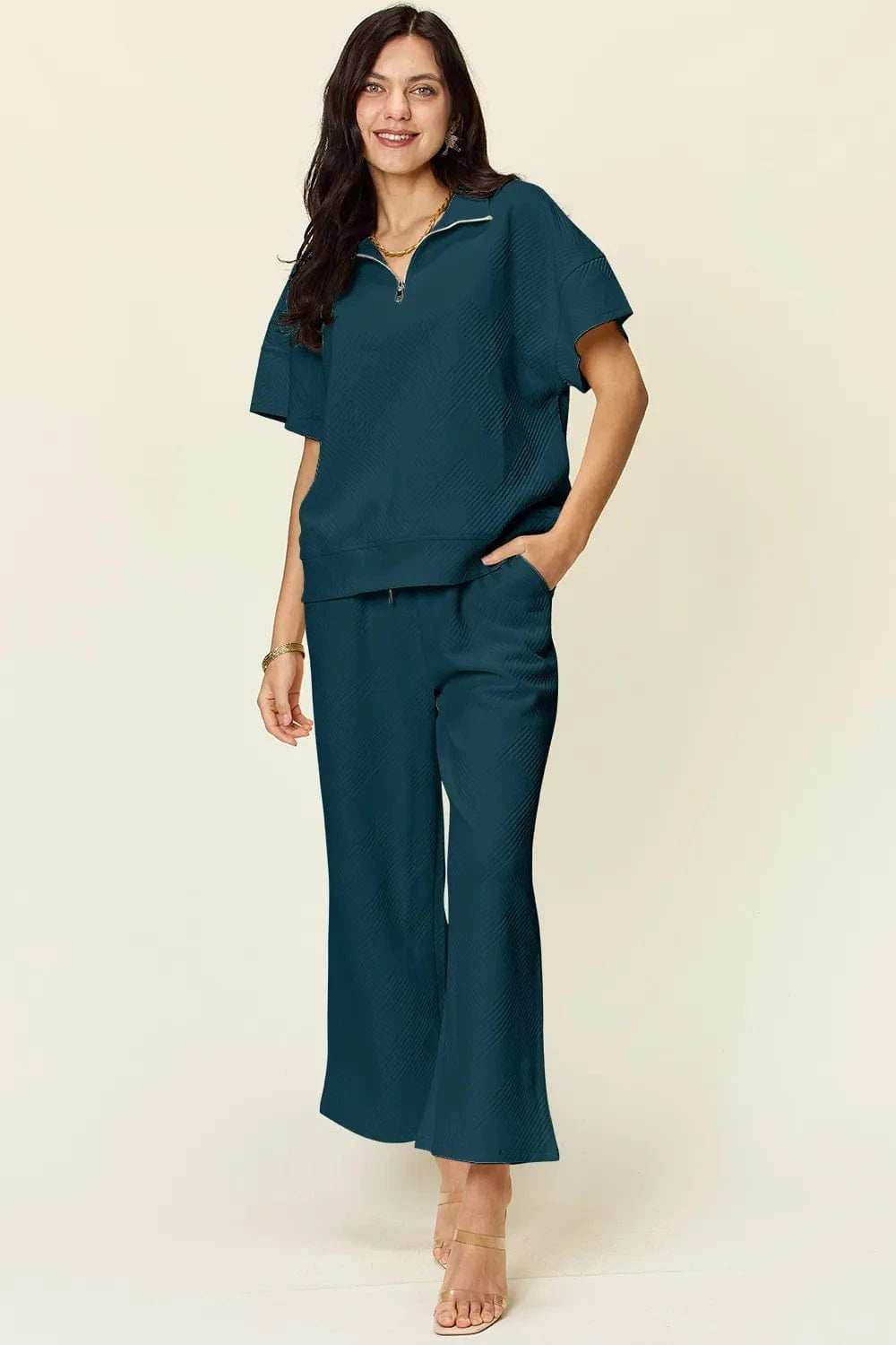 Double Take Full Size Texture Half Zip Short Sleeve Top and Pants Set - Trendsi - Flyclothing LLC
