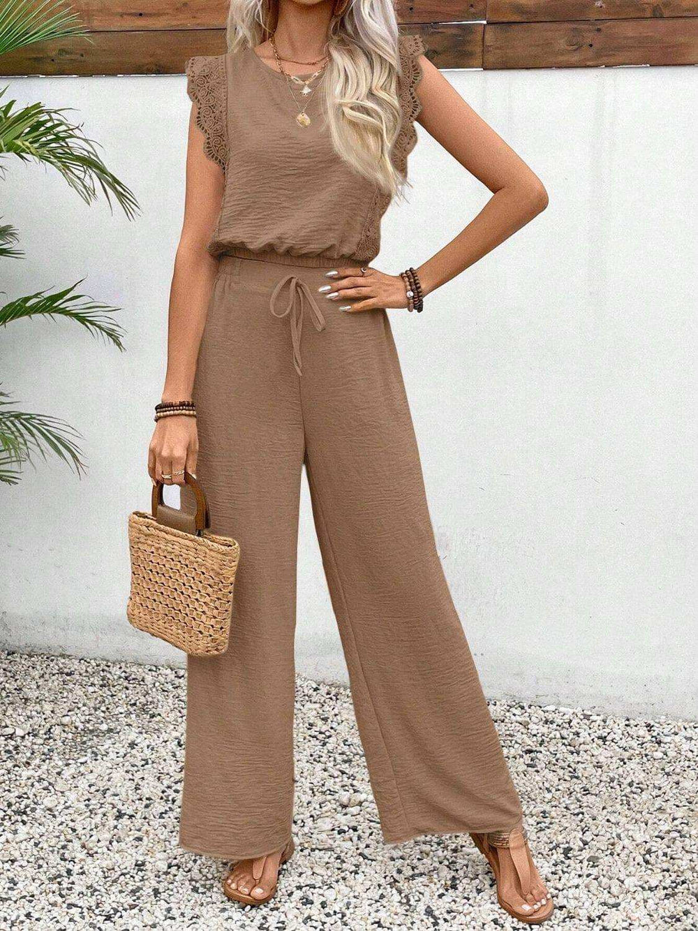 Lace Trim Round Neck Top and Pants Set - Trendsi - Flyclothing LLC
