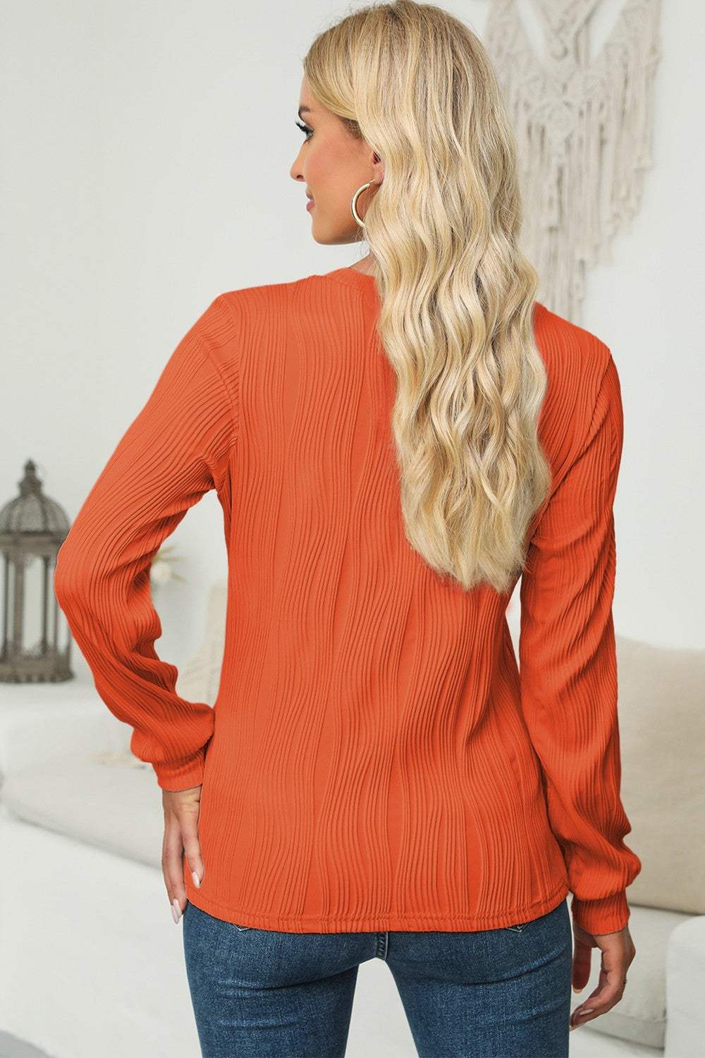 Textured Round Neck Long Sleeve Blouse - Trendsi - Flyclothing LLC