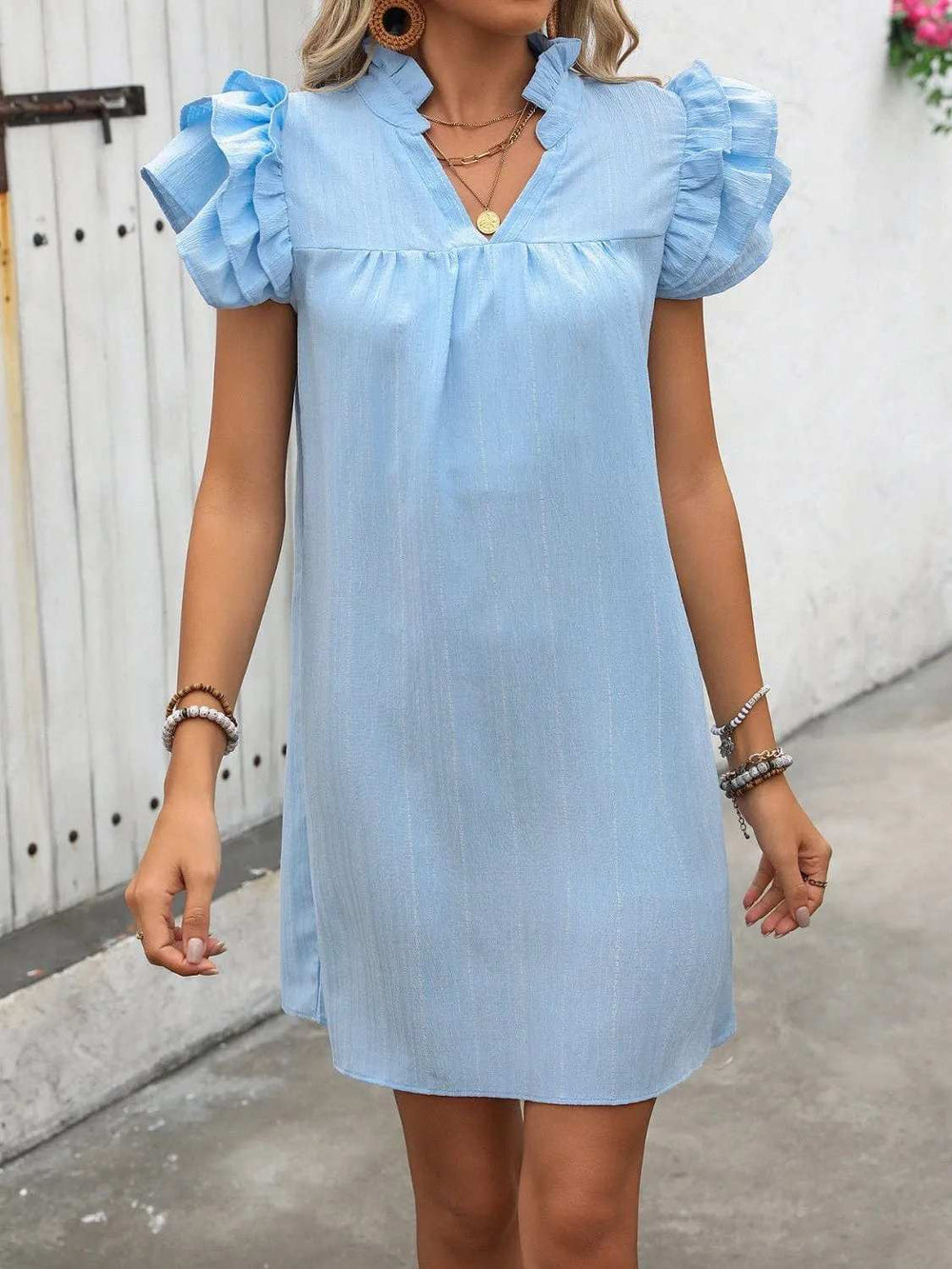 Ruffled Notched Cap Sleeve Mini Dress - Trendsi - Flyclothing LLC
