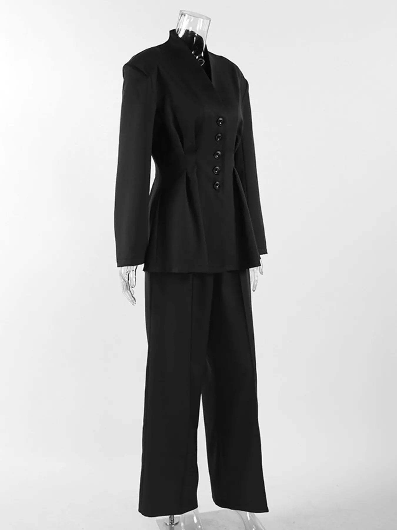 Chic Button Down Pleated Blazer and Wide-Leg Pants Suit Set - Trendsi - Flyclothing LLC