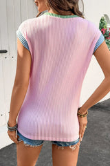 Contrast Trim Round Neck Cap Sleeve Top - Trendsi - Flyclothing LLC