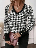Houndstooth V-Neck Long Sleeve T-Shirt - Trendsi - Flyclothing LLC