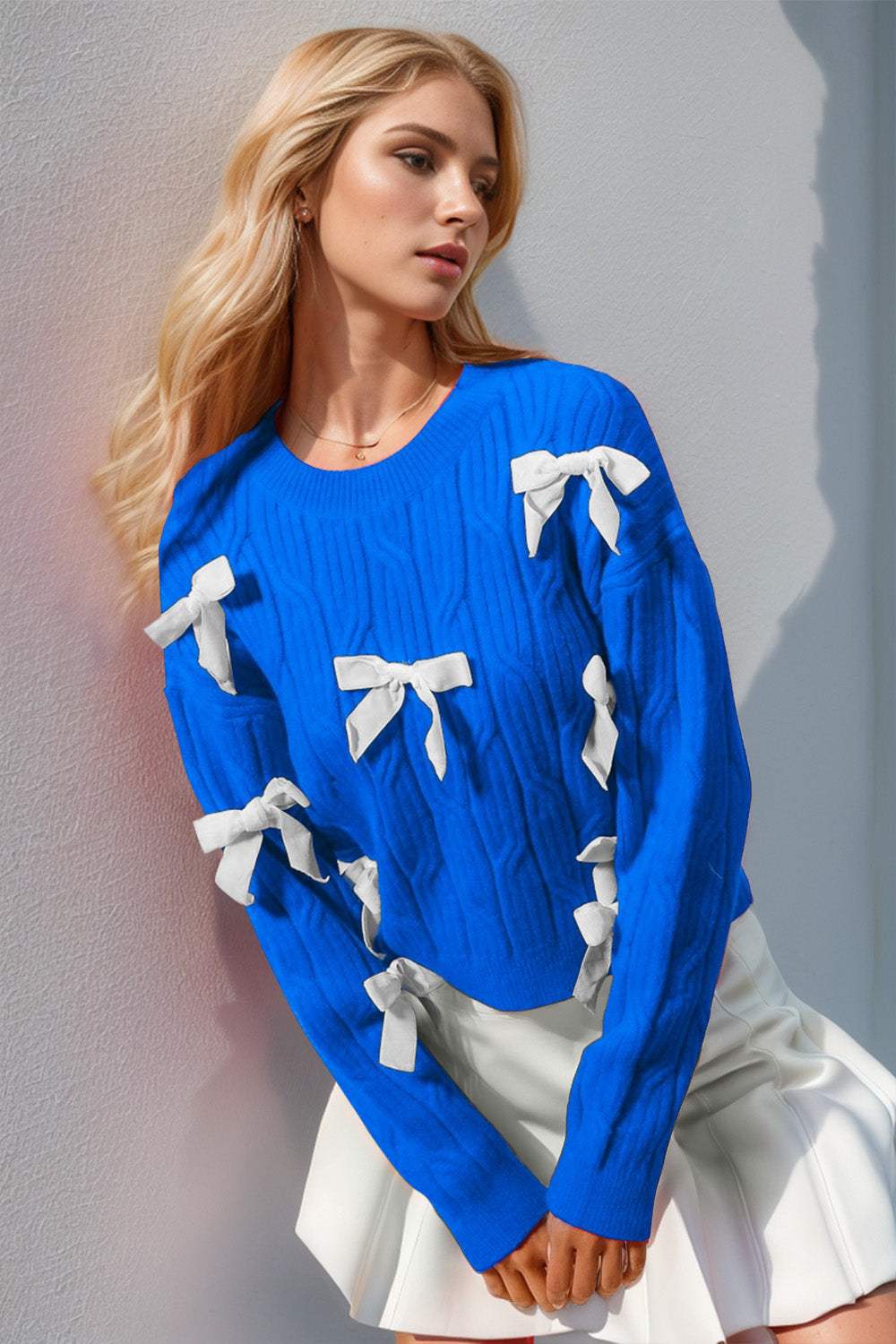 Double Take Full Size Bow Cable-Knit Round Neck Sweater - Trendsi - Flyclothing LLC
