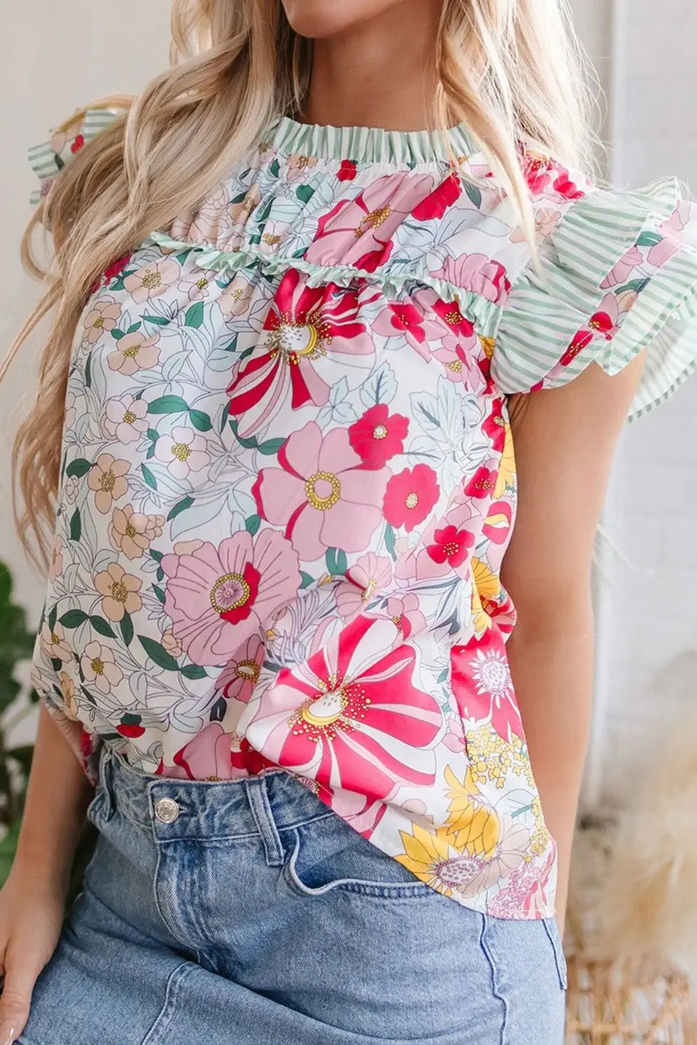 Frill Floral Print Ruffle Cap Sleeve Blouse - Trendsi - Flyclothing LLC