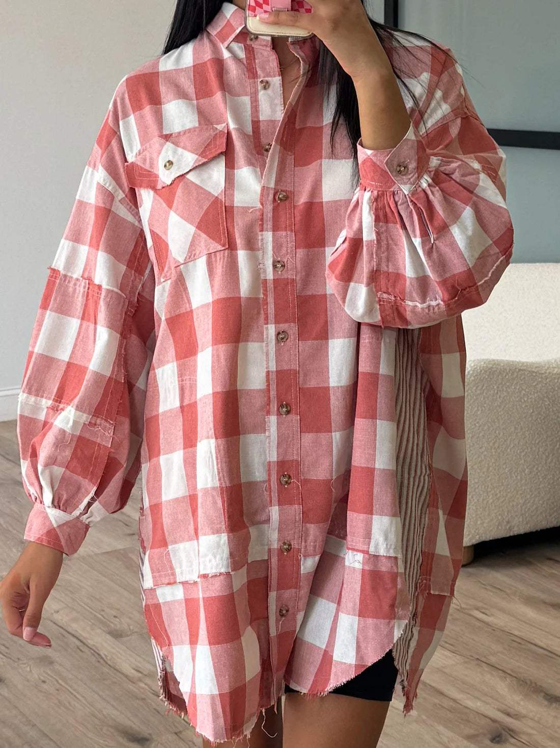 Plaid Collared Neck Long Sleeve Shirt Dress - Trendsi - Flyclothing LLC