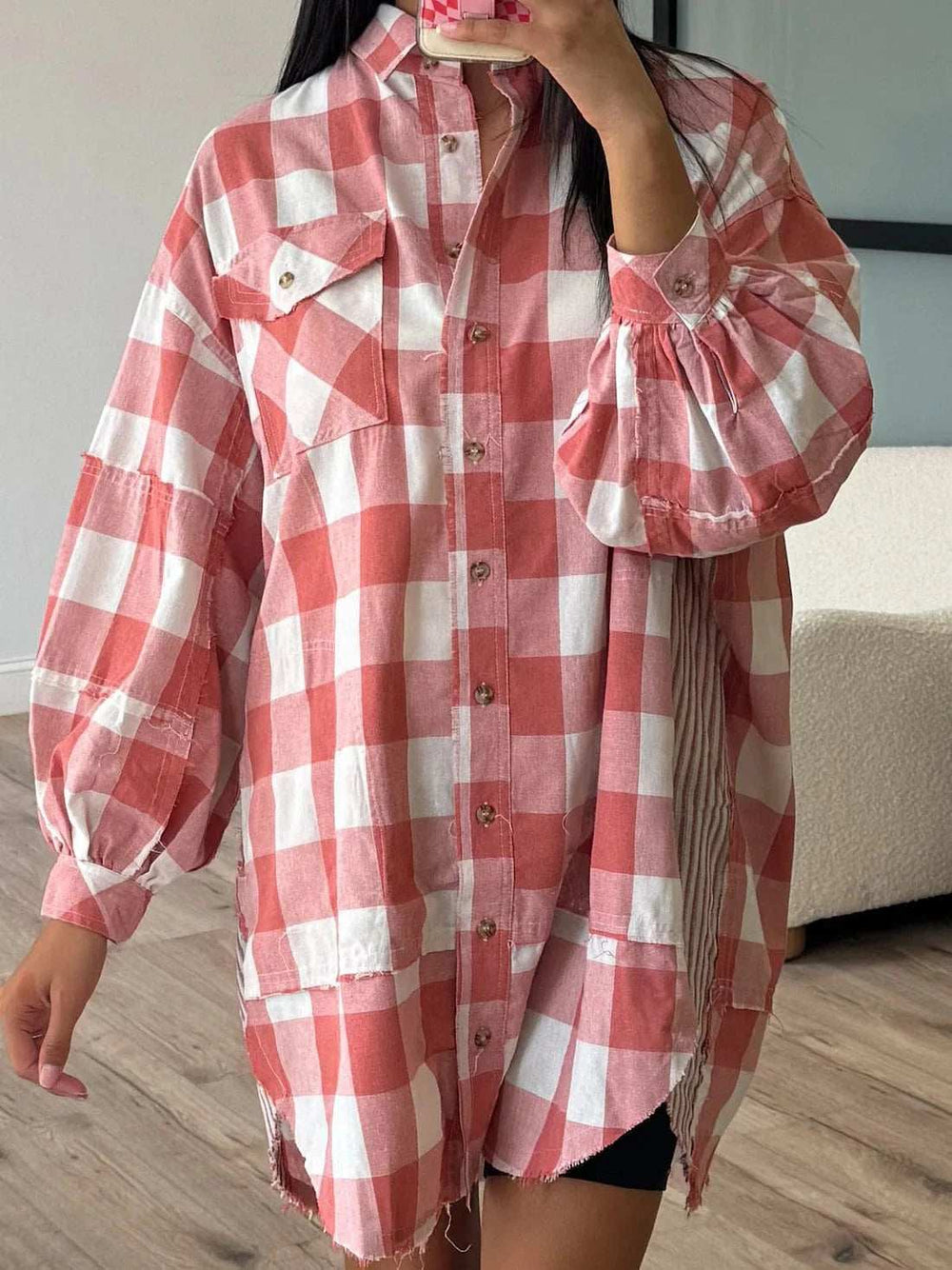 Plaid Collared Neck Long Sleeve Shirt Dress - Trendsi - Flyclothing LLC