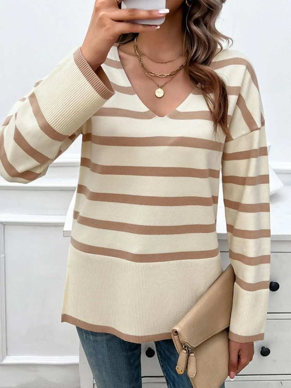 Striped V-Neck Long Sleeve Knit Top - Trendsi - Flyclothing LLC