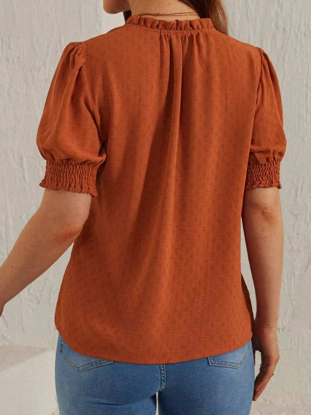 Frill Tie Neck Short Sleeve Blouse - Trendsi - Flyclothing LLC