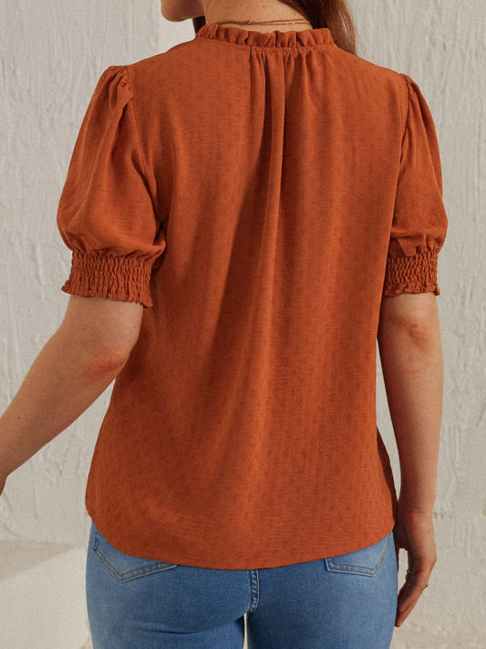 Frill Tie Neck Short Sleeve Blouse - Trendsi