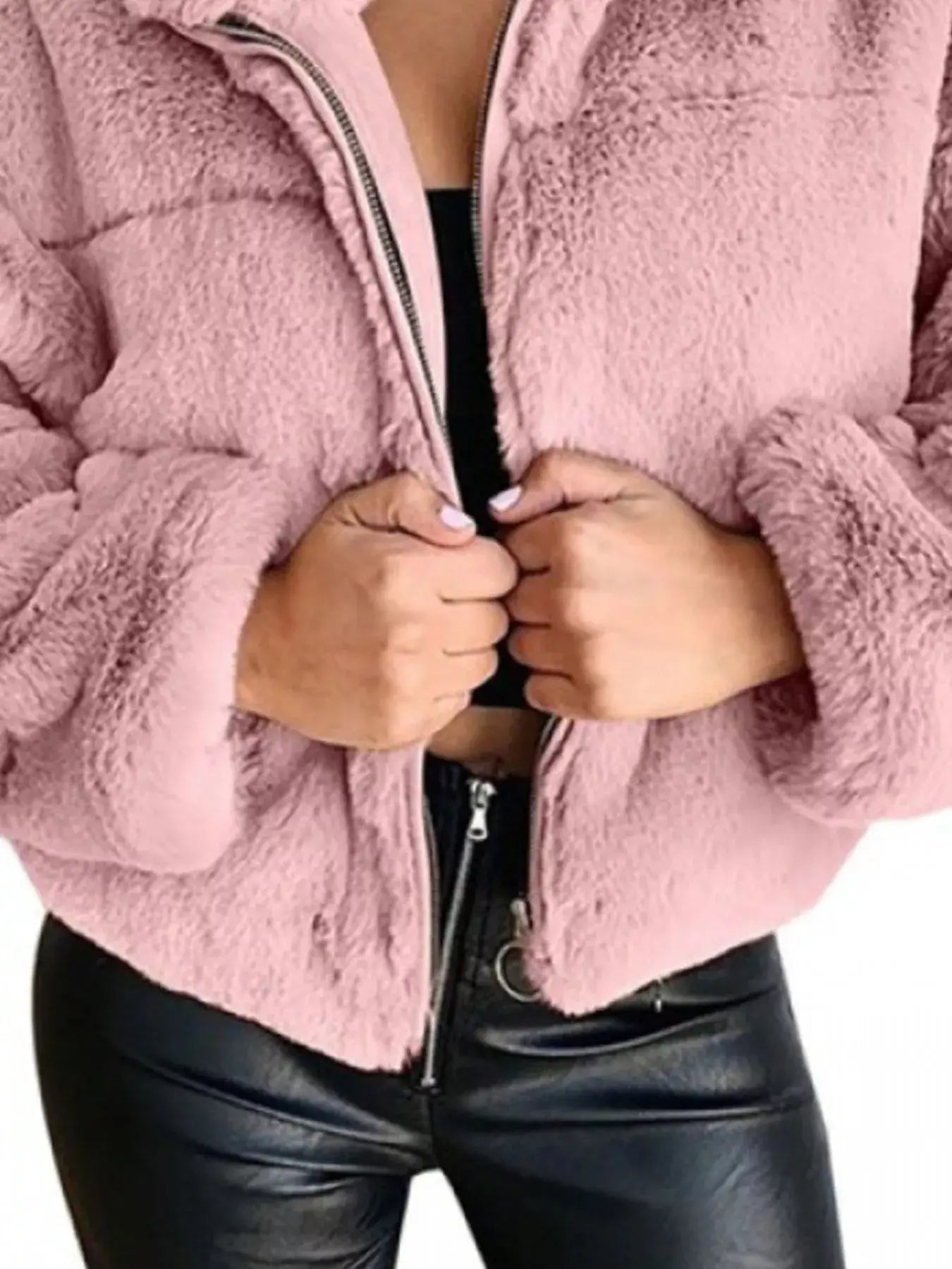 Full Size Faux Fur Cropped Zip-Up Jacket Plus Size - Trendsi - Flyclothing LLC