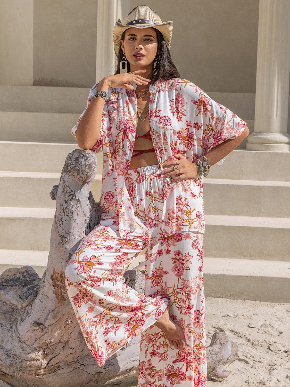 Printed Open Front Half Sleeve Top and Pants Set - Trendsi