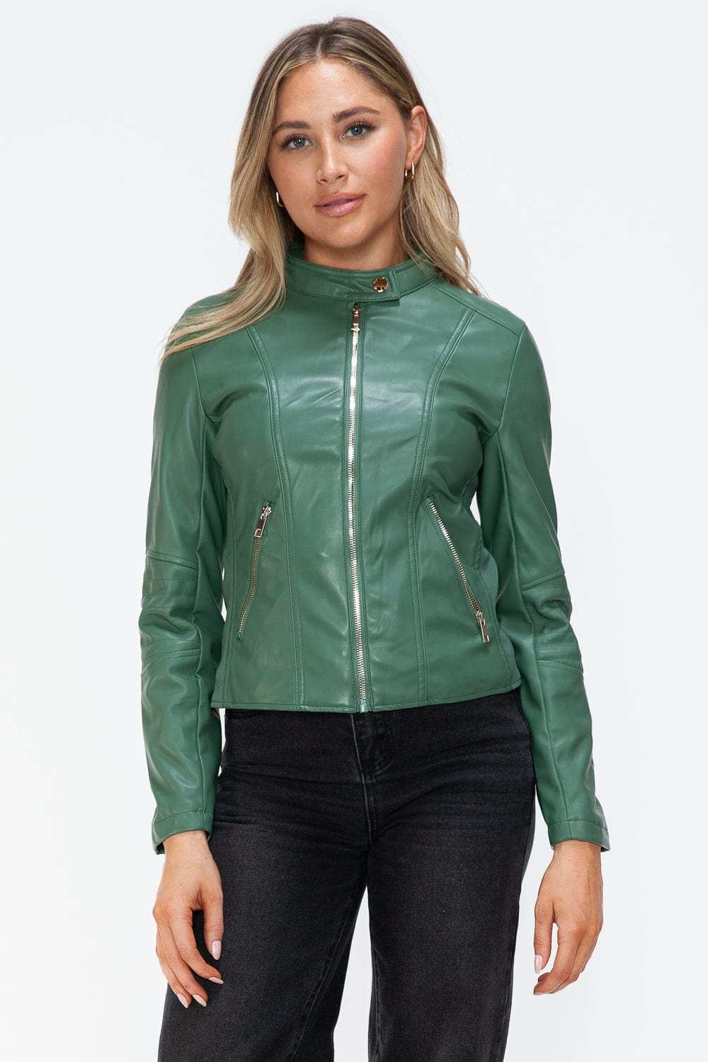 Snobbish Faux Leather Zip Up Drawstring Hooded Jacket - Trendsi - Flyclothing LLC