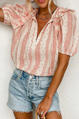 Frilled Short Puff Sleeve Mixed Print Blouse - Trendsi - Flyclothing LLC