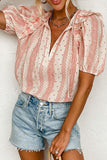 Frilled Short Puff Sleeve Mixed Print Blouse - Trendsi