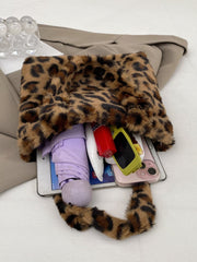Leopard Fluff Handbag with Zip - Trendsi