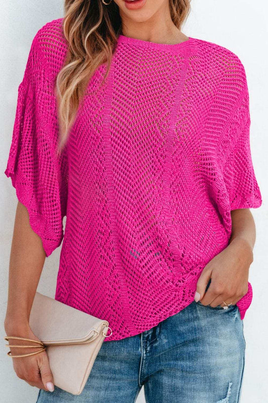 Scallop Edge Half Sleeve Pointelle Knit Top - Trendsi - Flyclothing LLC