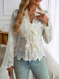 Devine Tied Frill V-Neck Long Sleeve Lace Top - Trendsi