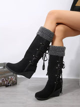Round Toe Wedge Boots - Trendsi - Flyclothing LLC