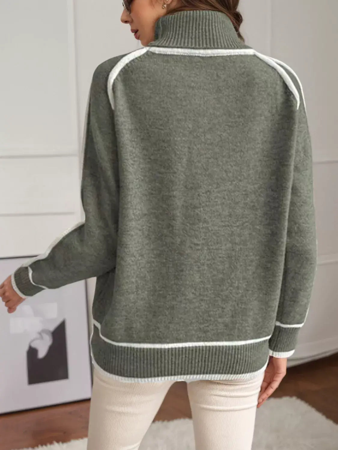 Full Size Turtleneck Contrast Trim Sweater Plus Size - Trendsi - Flyclothing LLC