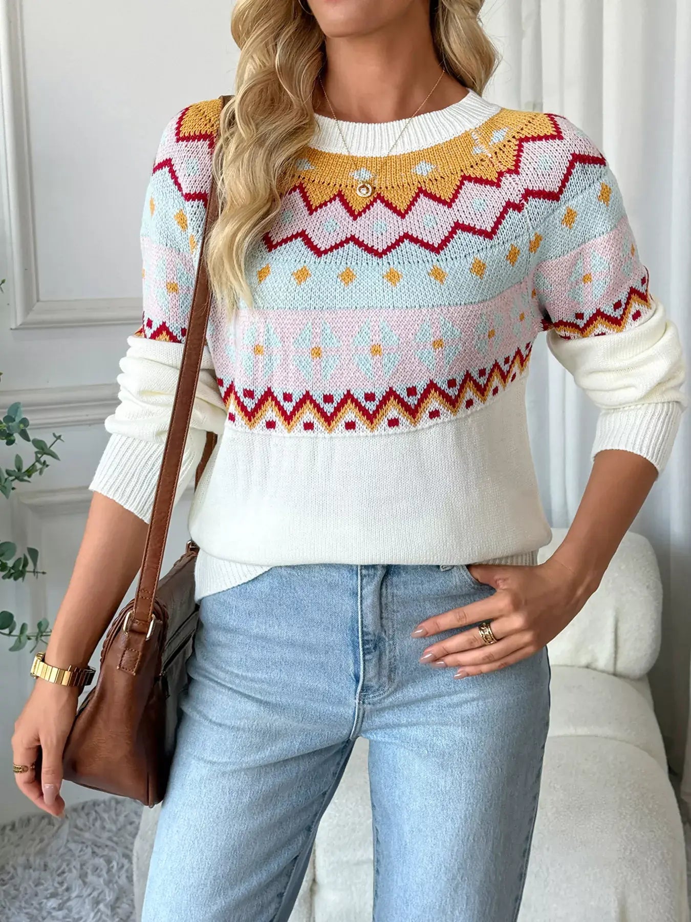Contrast Round Neck Long Sleeve Sweater - Trendsi - Flyclothing LLC