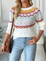 Contrast Round Neck Long Sleeve Sweater - Trendsi - Flyclothing LLC