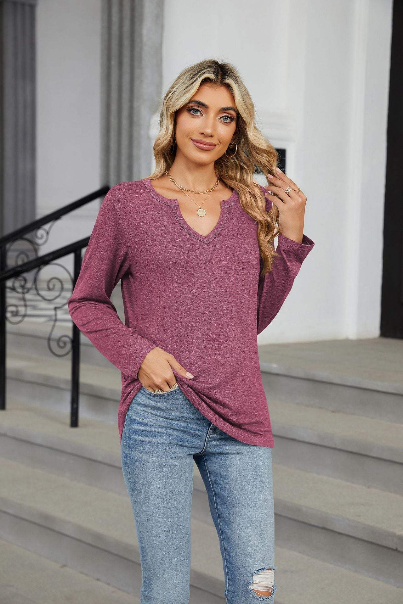Notched Long Sleeve T-Shirt - Trendsi - Flyclothing LLC