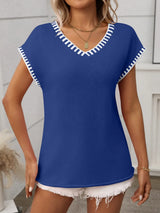 Contrast Trim V-Neck Short Sleeve Knit Top - Trendsi - Flyclothing LLC