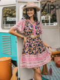 Printed V-Neck Short Sleeve Dress - Trendsi - Flyclothing LLC